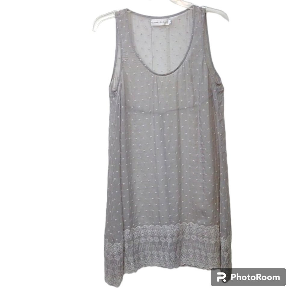 Johnny Was Gray Silk Sheer Swiss Dot Sleeveless Crochet Hem Dress With Silk Slip - Picture 3 of 11